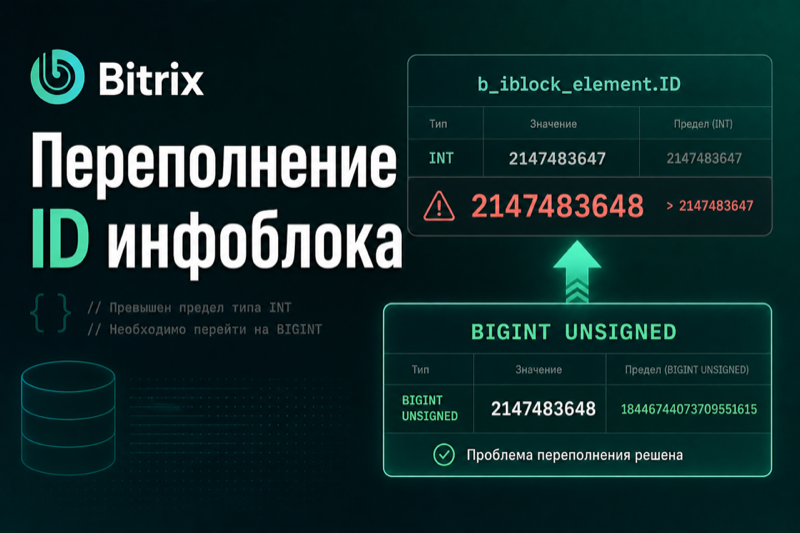 Не сохраняются разделы и свойства товаров в 1С-Битрикс: переполнение ID инфоблока и переход на BIGINT